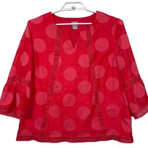 Chicos Red Polka‎ Dot Bell Sleeve V Neck Peasant Blouse Top Women's Size 3 16/18